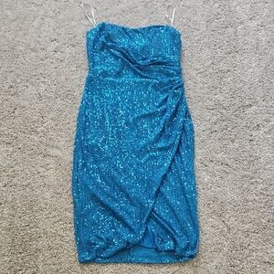 Fashion Nova Strapless Teal Sequin Dress